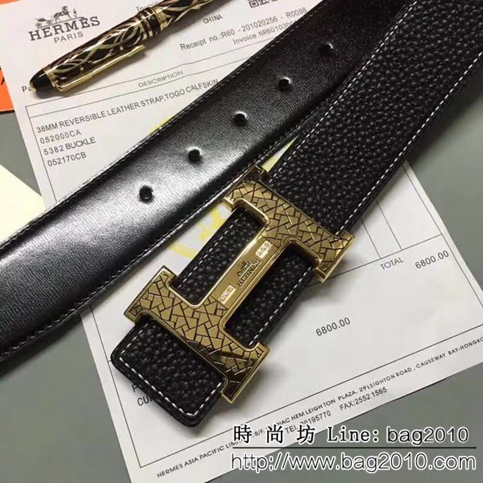 愛馬仕HERMES 純手工荔枝紋 奢華立體紋鑲鑽 高端男士皮帶 HHG1074
